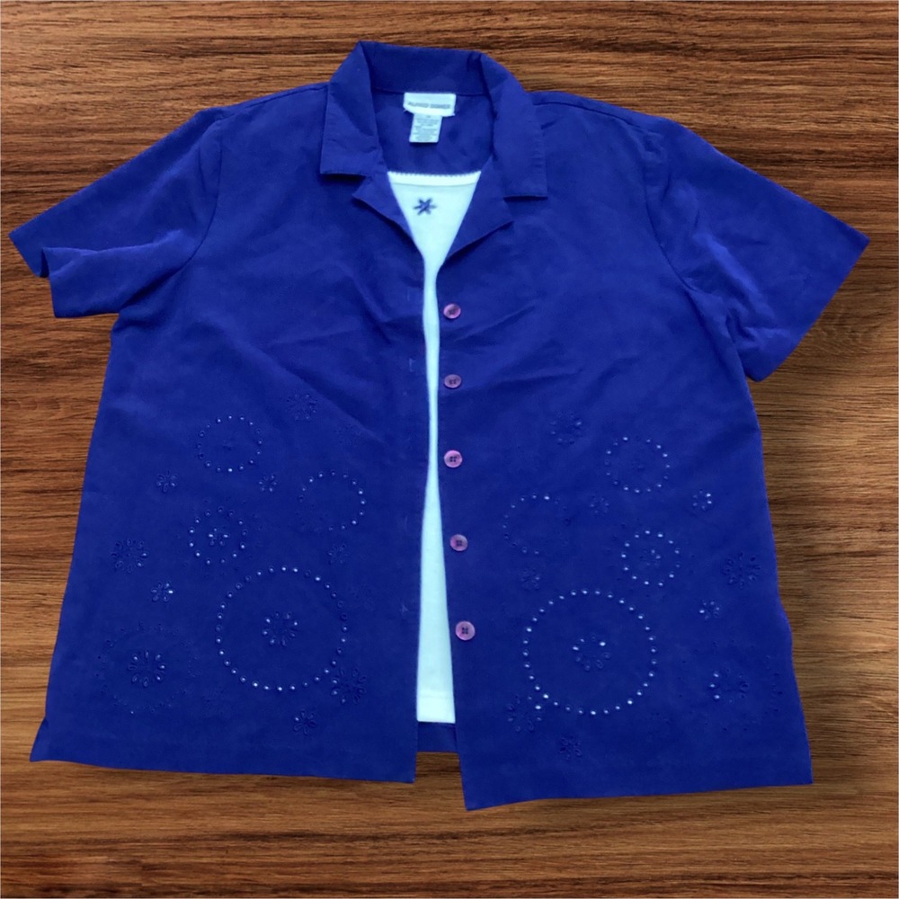 Alfred Dunner Navy Blue Eyelet Beaded 2-in-1 Layered Shirt Women 14 Short Sleeve - Picture 1 of 8